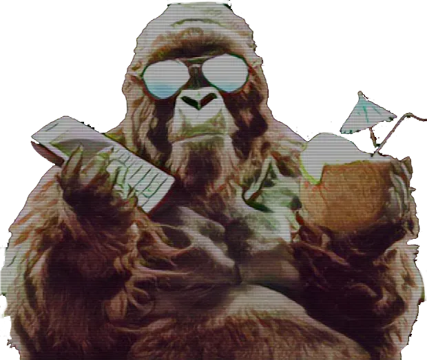 A gorilla in shades holding a phone and a coconut cocktail